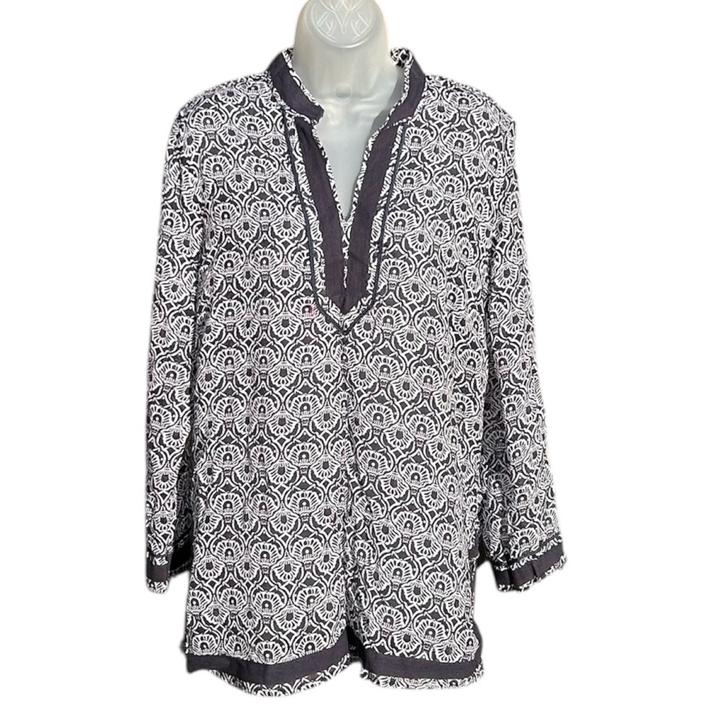 CYNTHIA ROWLEY Women Sz L Blue White Geometric Cotton V Neck Tunic Top Blouse.